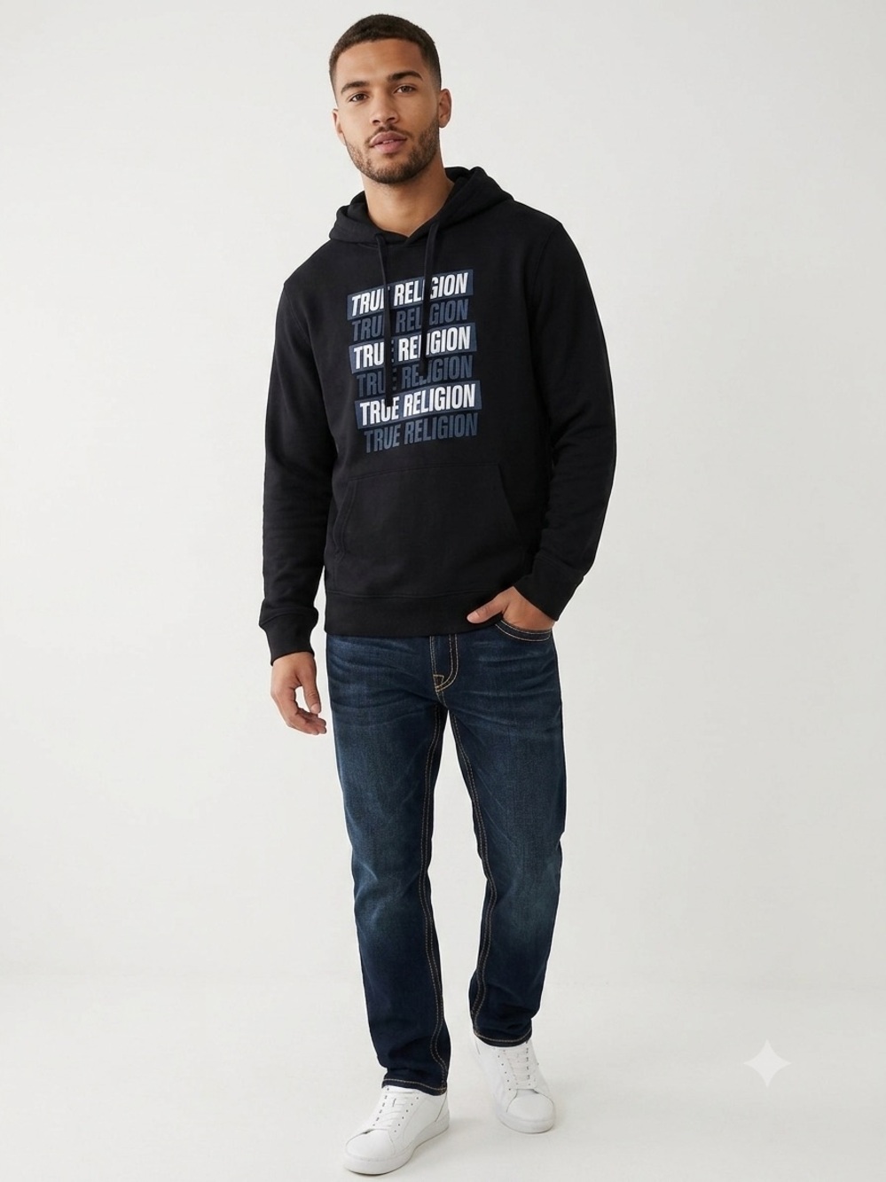 True Religion Men’s Slanted Repeat Logo Pullover Hoodie Black Size XXL (See PtP)